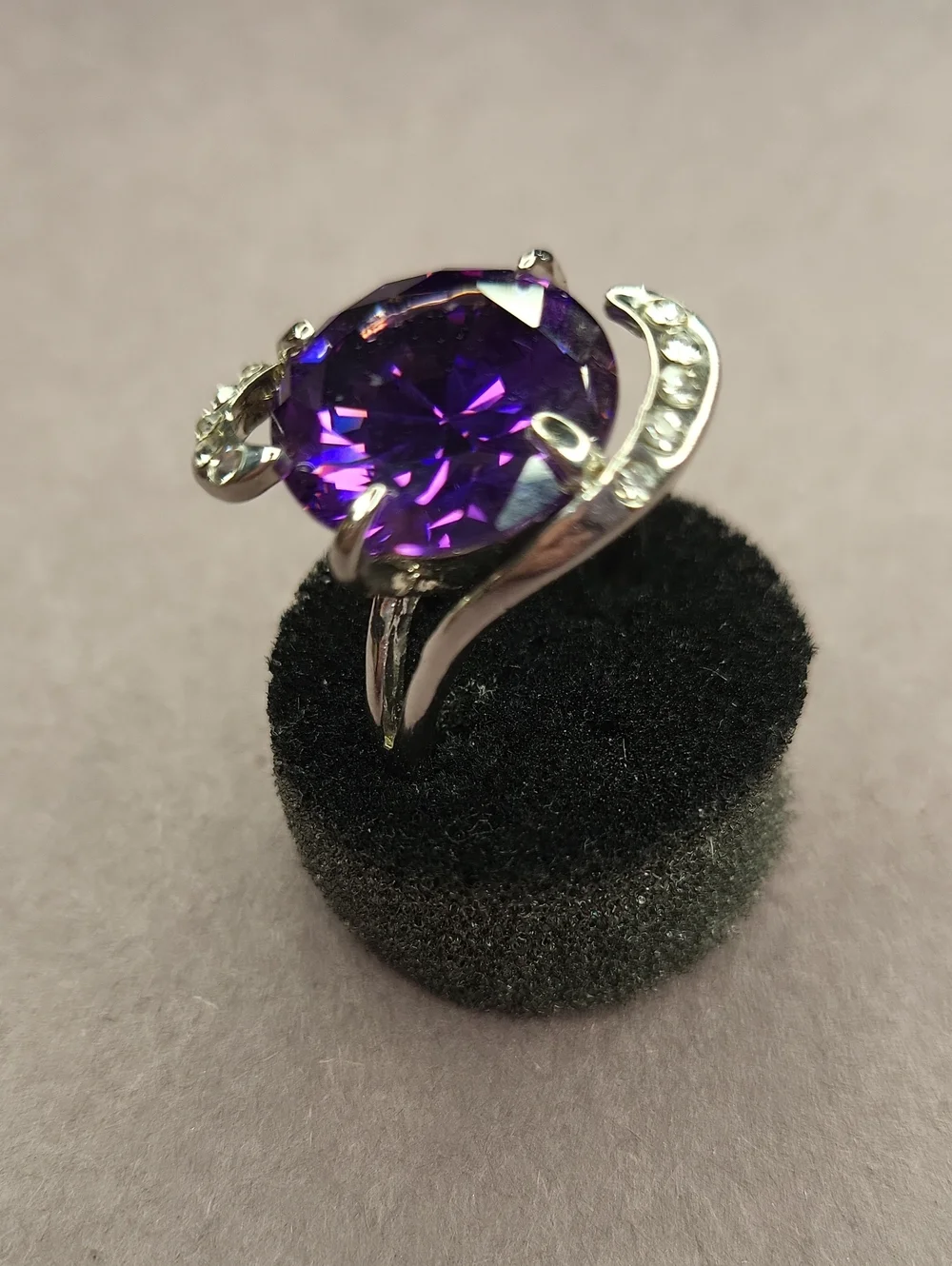 Silver Purple Crystal Cocktail Ring with Clear Accent Stones